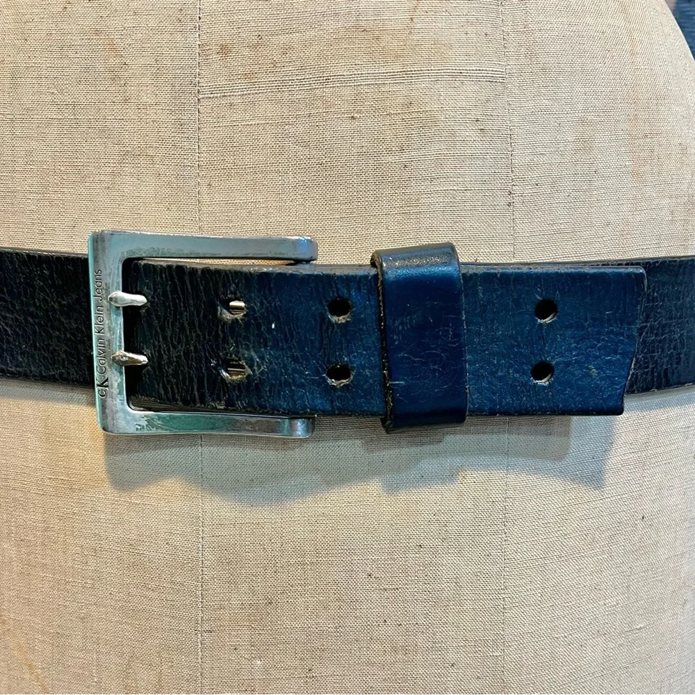 VINTAGE‎ Calvin Klein black genuine leather belt silver signature double buckle